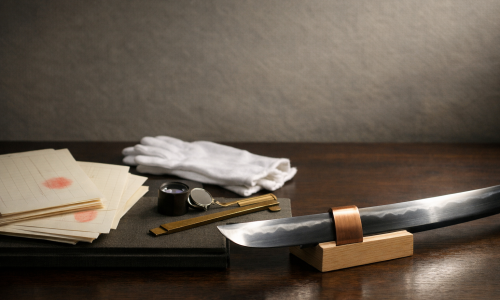 Horizontal editorial scene of a Japanese sword blade detail on a small rest beside generic, unreadable archival papers, white gloves, a loupe, and a caliper on a washi-textured desk under soft side light.