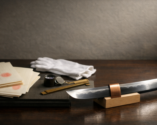 Horizontal editorial scene of a Japanese sword blade detail on a small rest beside generic, unreadable archival papers, white gloves, a loupe, and a caliper on a washi-textured desk under soft side light.