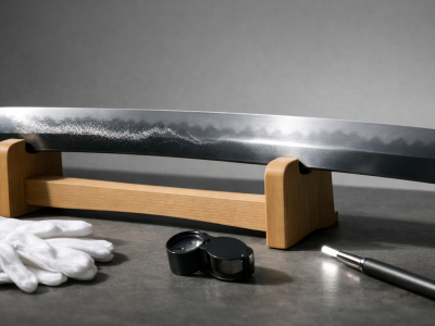 Horizontal editorial scene of a museum-style study setup examining a Japanese sword blade under raking kantei light, highlighting nie vs nioi along the hamon with visible nioiguchi, kinsuji, sunagashi, and faint utsuri.