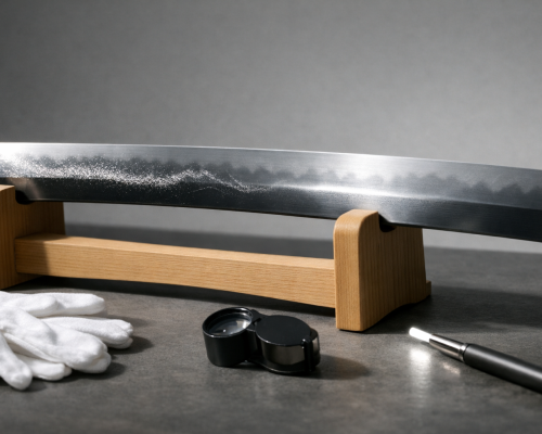 Horizontal editorial scene of a museum-style study setup examining a Japanese sword blade under raking kantei light, highlighting nie vs nioi along the hamon with visible nioiguchi, kinsuji, sunagashi, and faint utsuri.
