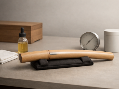 Escena editorial horizontal de conservación de Nihonto: shirasaya de madera clara con paño de microfibra, gotero de aceite sin marca, higrómetro discreto y desecante sobre mesa, luz suave de museo, sin texto ni inscripciones.