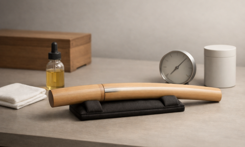 Escena editorial horizontal de conservación de Nihonto: shirasaya de madera clara con paño de microfibra, gotero de aceite sin marca, higrómetro discreto y desecante sobre mesa, luz suave de museo, sin texto ni inscripciones.