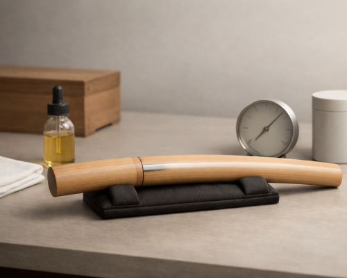 Escena editorial horizontal de conservación de Nihonto: shirasaya de madera clara con paño de microfibra, gotero de aceite sin marca, higrómetro discreto y desecante sobre mesa, luz suave de museo, sin texto ni inscripciones.
