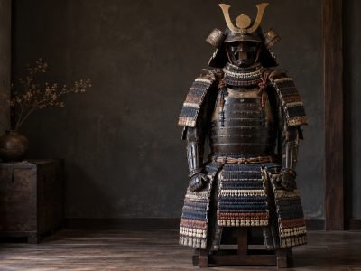 Detalle de los cordones de seda odoshi envejecidos de una armadura samurái japonesa
