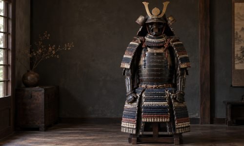 Detail of aged odoshi silk lacing on Japanese samurai armor