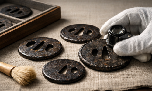 Horizontal editorial image of several iron tsuba on neutral linen with raking light highlighting tsuba patina and rim tekkotsu; a cotton-gloved hand holds a loupe in a quiet museum study setting, with no readable text or inscriptions.