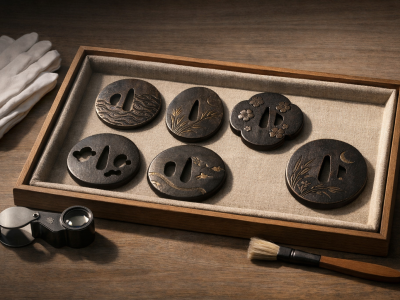 Horizontal editorial image of a museum study table with several non-specific tsuba showing abstract natural motifs and patinated iron surfaces on a linen-lined tray, with cotton gloves, a loupe, and a soft brush under gentle raking light; no text or logos.