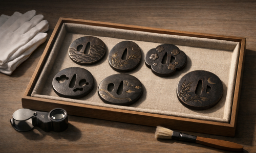 Horizontal editorial image of a museum study table with several non-specific tsuba showing abstract natural motifs and patinated iron surfaces on a linen-lined tray, with cotton gloves, a loupe, and a soft brush under gentle raking light; no text or logos.