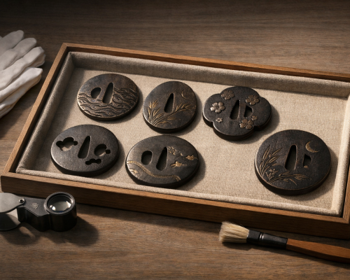 Horizontal editorial image of a museum study table with several non-specific tsuba showing abstract natural motifs and patinated iron surfaces on a linen-lined tray, with cotton gloves, a loupe, and a soft brush under gentle raking light; no text or logos.