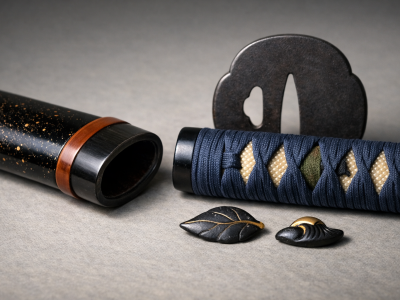 Horizontal editorial still life of anonymous Japanese koshirae details—lacquered saya with subtle gold flecks, indigo silk braid over ray skin, dark iron tsuba silhouette, horn mouthpiece, and small shakudo ornaments—on a neutral museum surface with soft raking light to highlight materials, colors, and seasonal symbolism; no blade, text, or branding.