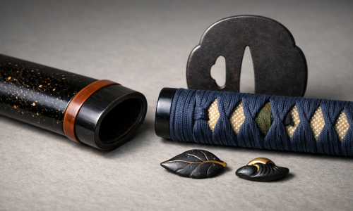 Horizontal editorial still life of anonymous Japanese koshirae details—lacquered saya with subtle gold flecks, indigo silk braid over ray skin, dark iron tsuba silhouette, horn mouthpiece, and small shakudo ornaments—on a neutral museum surface with soft raking light to highlight materials, colors, and seasonal symbolism; no blade, text, or branding.