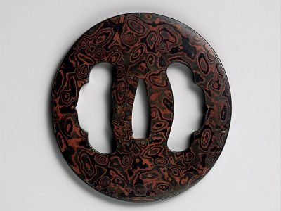Sword Guard (Tsuba) — Metal laminate (mokume-gane), iron, copper-gold alloy (shakudō), copper