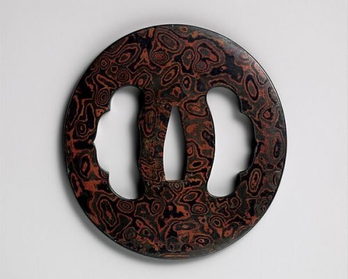 Sword Guard (Tsuba) — Metal laminate (mokume-gane), iron, copper-gold alloy (shakudō), copper